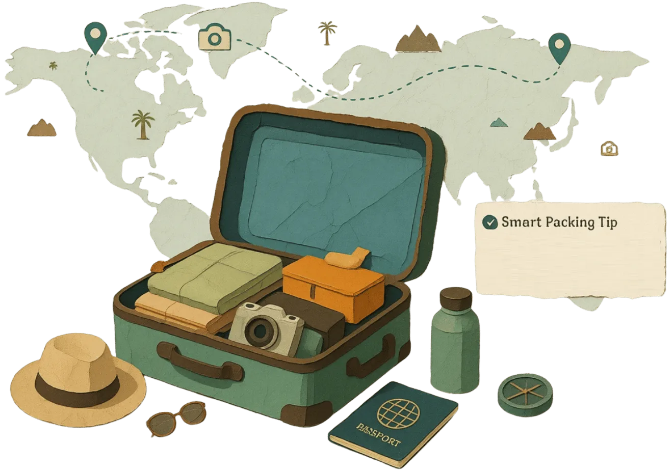 Open suitcase with travel essentials